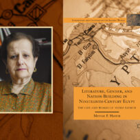 A woman is in front of a bookshelf. To the right is a book cover with a map of Egypt and the title "Literature, Gender, and Nation-Building in Nineteenth-Century Egypt" by Mervat F. Hatem.