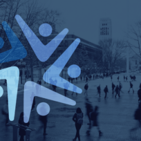 Silhouettes of people walking in a snowy campus setting with a large abstract graphic of human figures overlaying the scene.