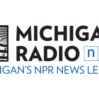 Logo of Michigan Radio featuring the text "Michigan Radio" and "NPR" with the tagline "Michigan's NPR News Leader." An abstract design is on the left.