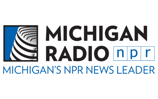 Logo of Michigan Radio featuring the text "Michigan Radio" and "NPR" with the tagline "Michigan's NPR News Leader." An abstract design is on the left.