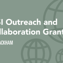 Text reading "MSI Outreach and Collaboration Grants" with circular line designs on a muted green background and a yellow "M RACKHAM" logo.