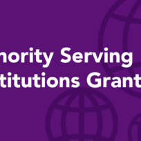 Purple background with white text reading "Minority Serving Institutions Grants," accompanied by globe graphics.