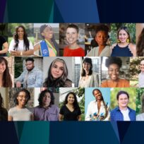 A collage featuring 25 diverse individuals, each smiling against various backgrounds.