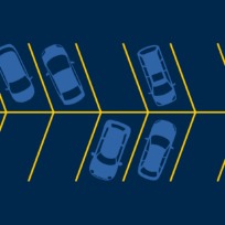 Illustration of cars parked diagonally in two rows with yellow lines on a dark blue background.
