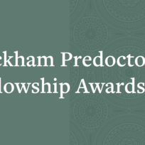 Text reading "Rackham Predoctoral Fellowship Awards" on a green background with decorative circular patterns.