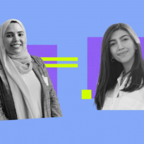 Two women in grayscale photos are set against a blue background with purple geometric accents. One wears a hijab and blazer, the other has long hair and a white shirt.