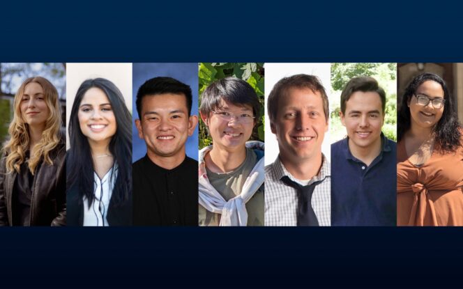 A lineup of seven people standing side by side, each smiling, with various backgrounds.