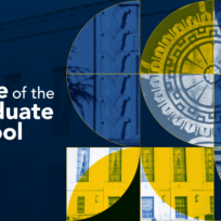 Abstract geometric design with circular patterns and architectural details in blue, yellow, and white. Text reads: "State of the Graduate School.