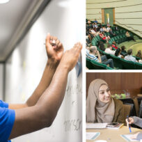 Man writing on a whiteboard, people attending a lecture in an auditorium, and two women discussing at a table.