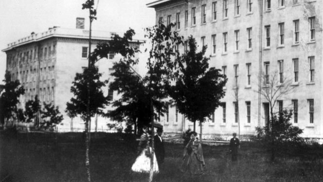 A black and white photo of Mason Hall in the 1840s
