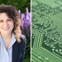 Left: Person smiling outdoors with a background of purple flowers. Right: Close-up of a green circuit board.