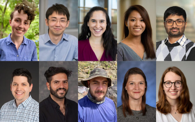 A collage of ten people, each facing the camera and smiling, set against various indoor and outdoor backgrounds.
