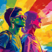 Two people wearing sunglasses and backpacks stand side by side, depicted in a vibrant, colorful, abstract art style with dynamic shapes and bright hues.
