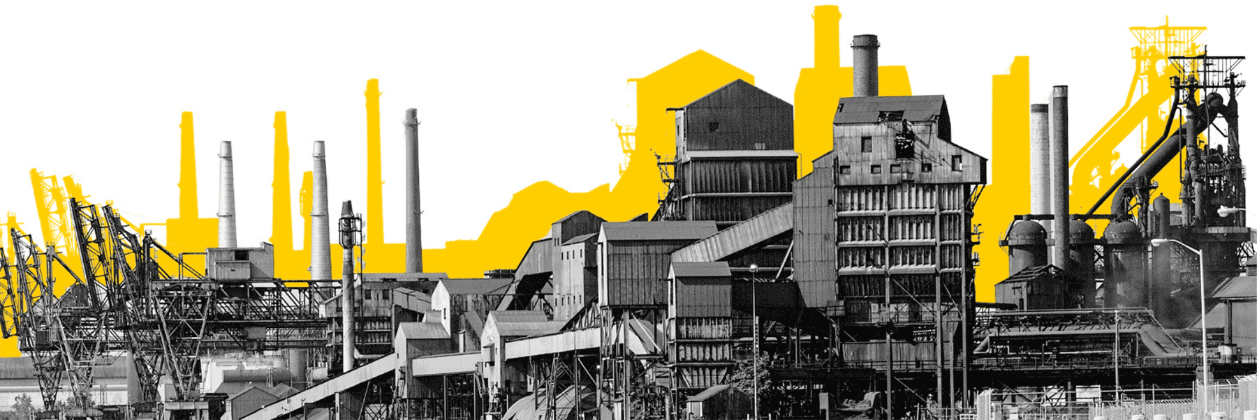 Black-and-white industrial buildings and smokestacks are shown in the foreground, with a yellow silhouette of factories in the background set against a white sky.
