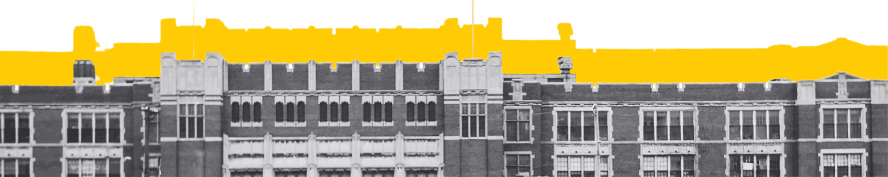 Black and white photo of a large brick building with multiple windows, overlaid with a bold yellow silhouette of a rooftop against a white background.