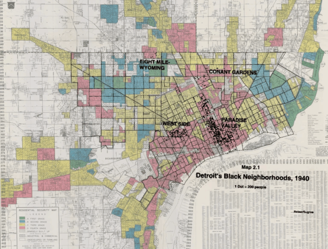 A 1940 map of Detroit highlights Black neighborhoods in several areas including Eight Mile-Wyoming, West Side, Paradise Valley, and Conant Gardens, using different colors.