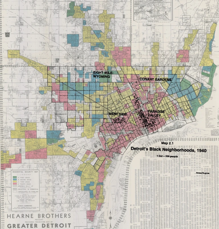 A 1940 map of Detroit highlights Black neighborhoods in several areas including Eight Mile-Wyoming, West Side, Paradise Valley, and Conant Gardens, using different colors.