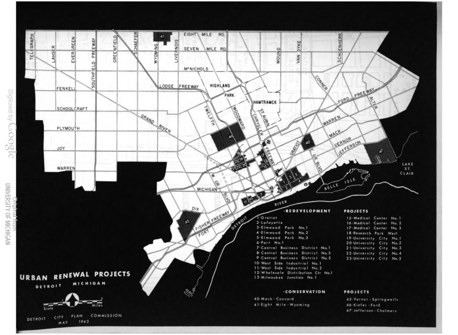 Black-and-white map of Detroit showing designated urban renewal, conservation, and project districts with a labeled legend and city boundaries, created by the Detroit City Plan Commission in 1963.
