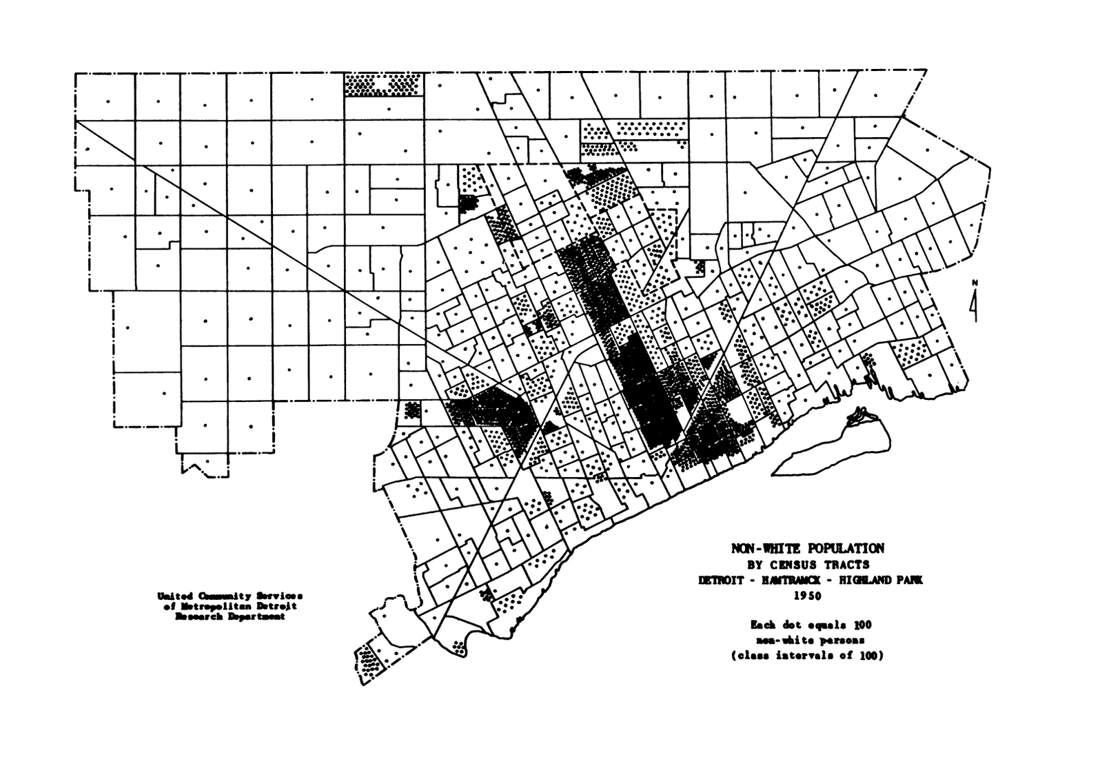 Black and white map showing non-white population distribution by census tracts in Detroit, Hamtramck, and Highland Park in 1950; shaded areas indicate higher populations.