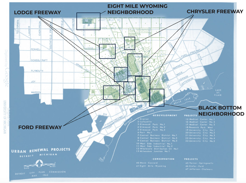A map of Detroit with labeled areas showing urban renewal projects, neighborhoods, and freeways including Lodge, Ford, Chrysler, and Eight Mile Wyoming.