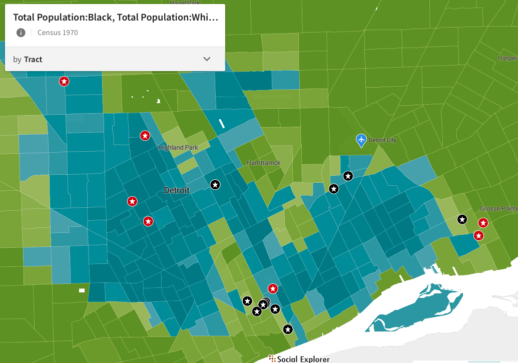 A map of Detroit and surrounding areas shows population distribution by tract in 1970, with black and white populations marked and notable locations highlighted with icons.