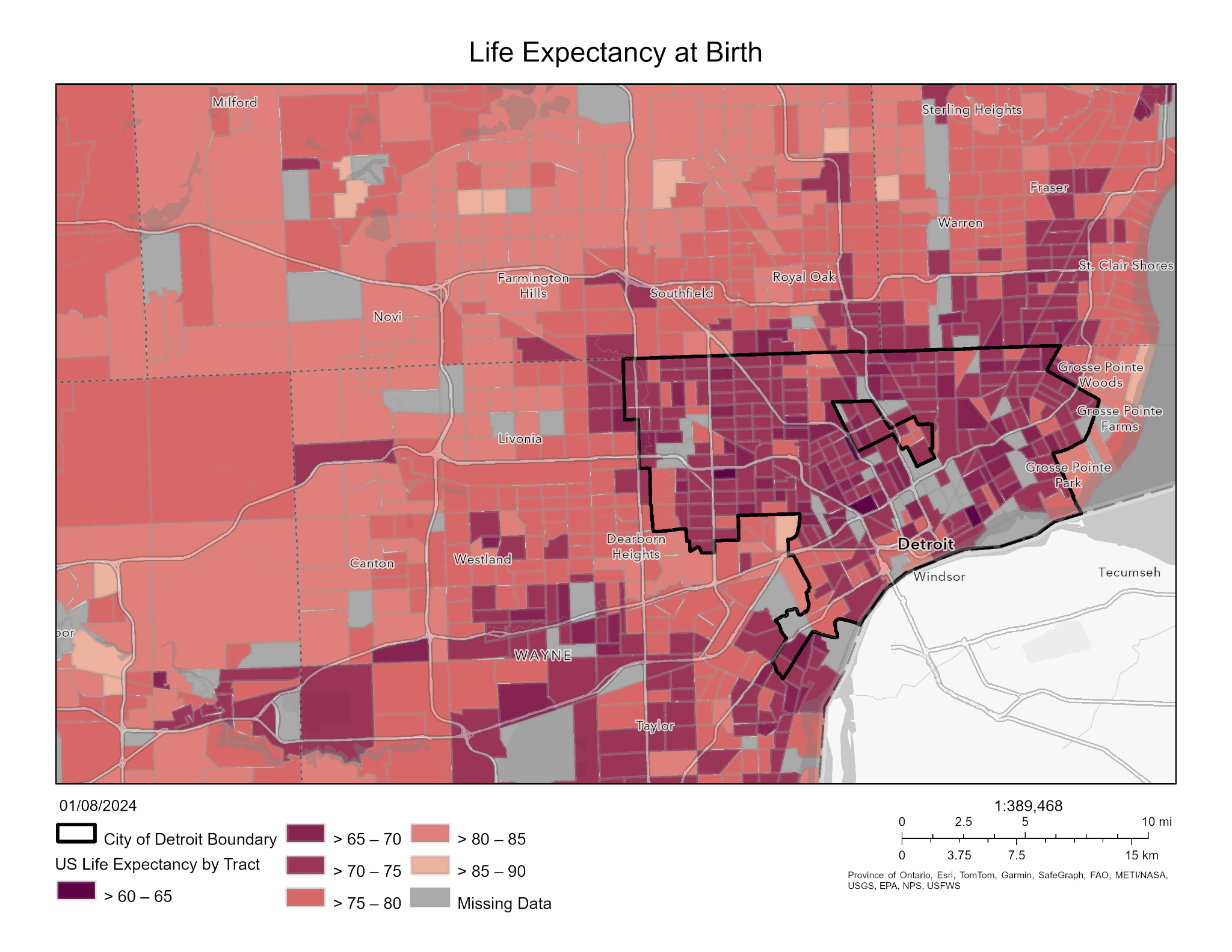 Map showing life expectancy at birth in Detroit by census tract, with darker shades indicating lower life expectancy and lighter shades indicating higher life expectancy.