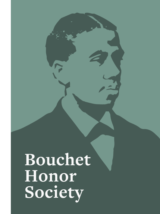 Stylized illustration of a man in a suit next to the text Bouchet Honor Society on a green background.