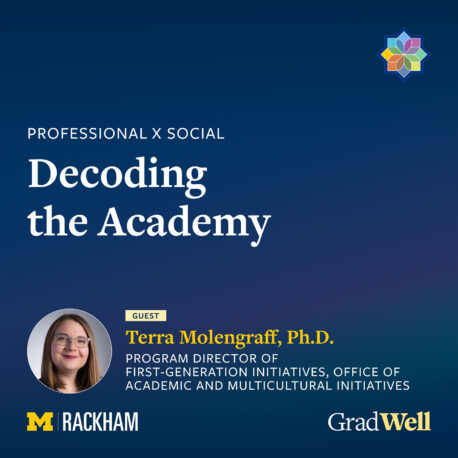 Promotional graphic for "Decoding the Academy" featuring guest Terra Molengraff, Ph.D., with logos for Rackham and GradWell, and event details on first-generation initiatives.