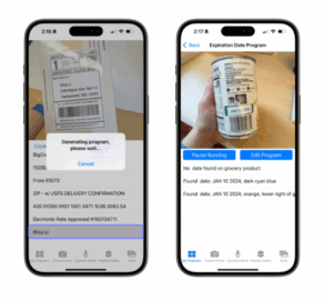 Two smartphone screens show an app scanning and processing a product expiration date label from a can, extracting and displaying the date "JAN 10 2024.