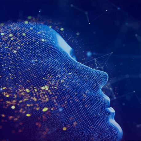 Digital illustration of a human face in profile, composed of blue and gold dots and lines, set against a dark background with abstract connected nodes.