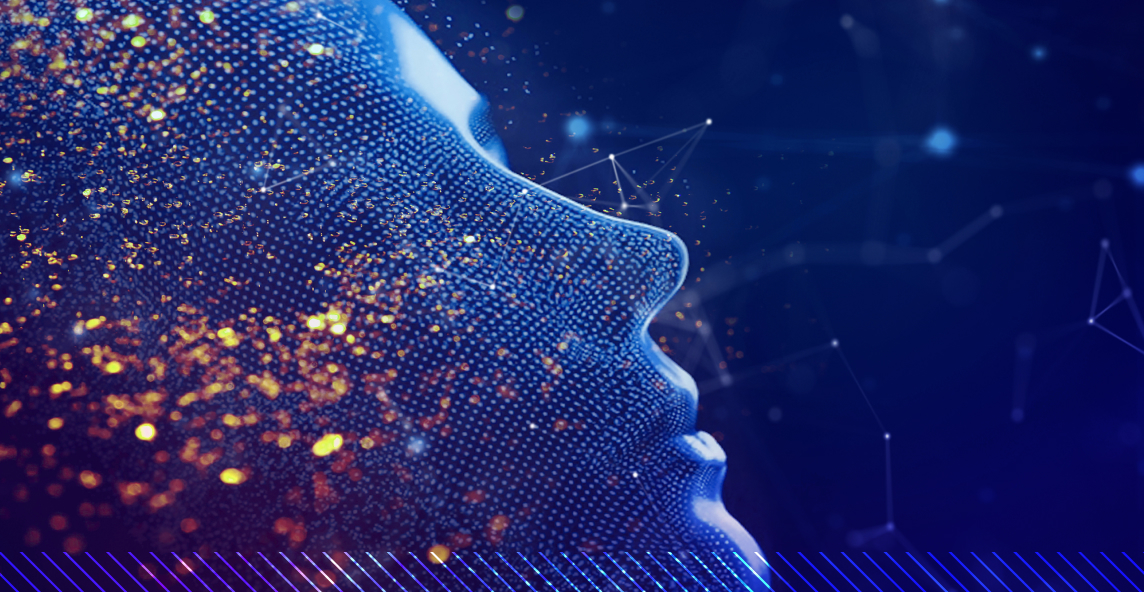 A digital illustration of a human face made from blue and orange particles and lines, symbolizing artificial intelligence and technology, on a dark background with geometric patterns.