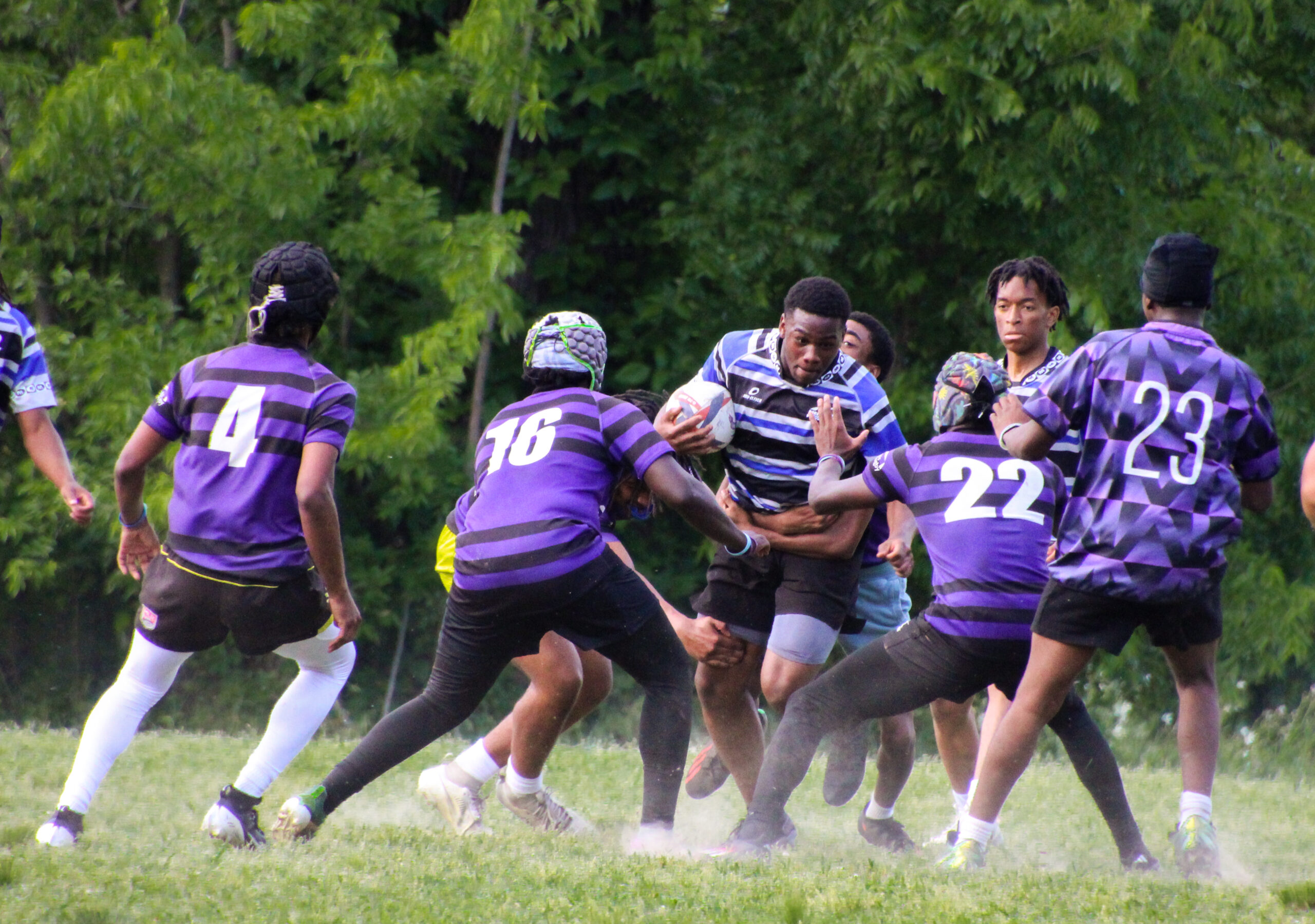 A rugby player in a blue and black striped jersey runs with the ball while four opponents in purple jerseys attempt to tackle him on a grassy field.