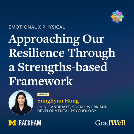 Promotional graphic for a talk titled "Approaching Our Resilience Through a Strengths-based Framework" featuring guest Sunghyun Hong, Ph.D. candidate, with logos for Rackham and GradWell.