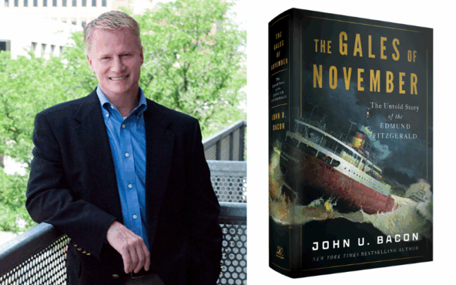 John U. Bacon in a suit stands on a balcony next to the cover of his book titled "The Gales of November."