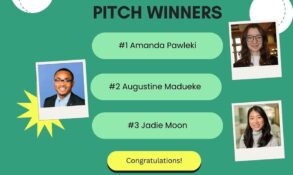 A graphic announcing pitch winners: #1 Amanda Pawleki, #2 Augustine Madueke, #3 Jadie Moon, with their photos and a “Congratulations!” message.