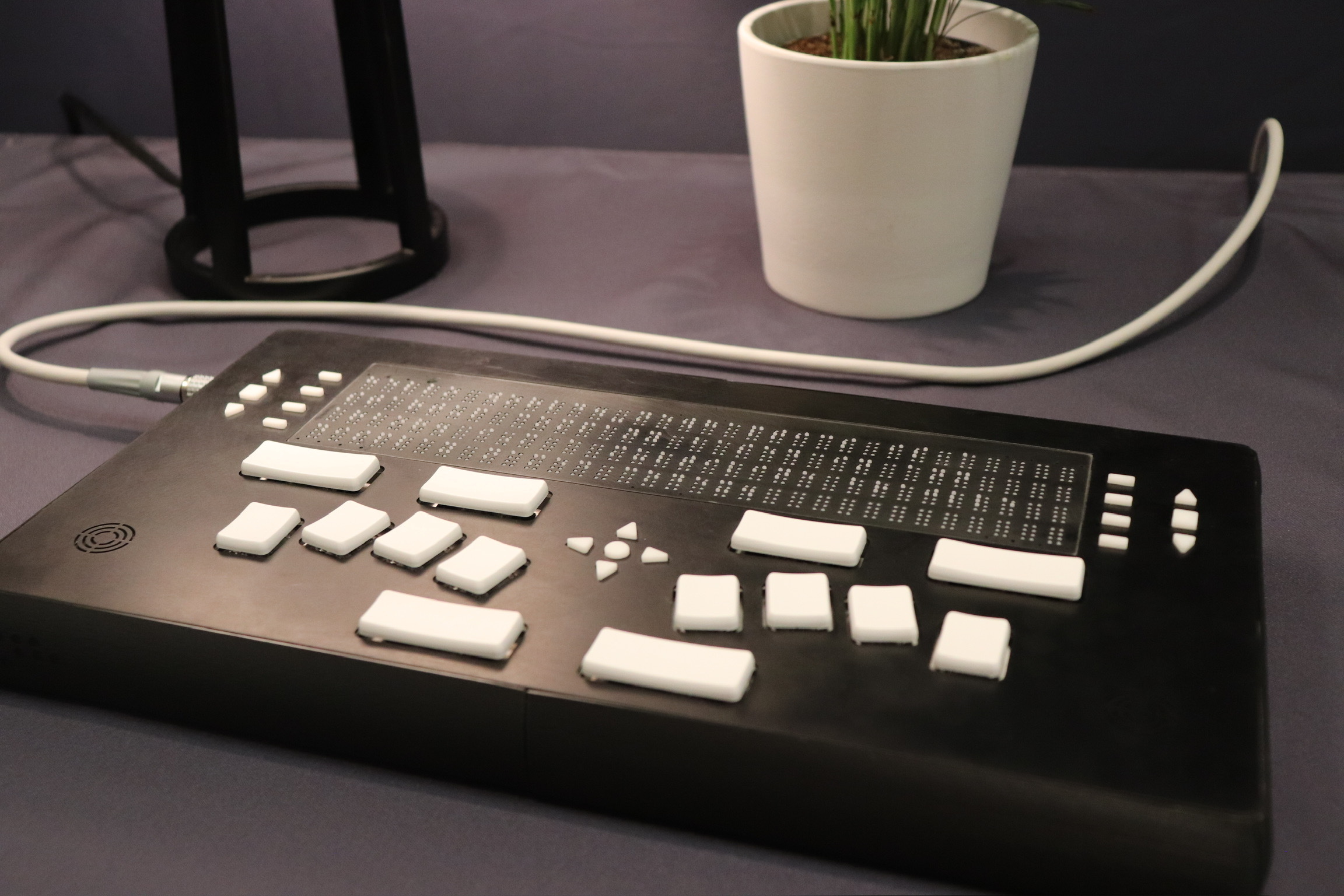 A refreshable braille display with white keys sits on a table near a white potted plant and a lamp.