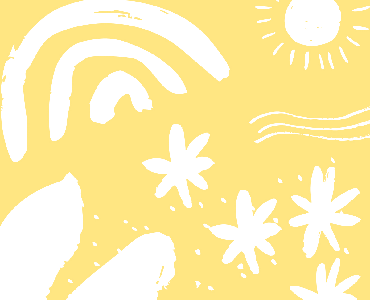 White abstract drawings of a rainbow, sun, curved lines, leaves, and flowers on a light blue background.