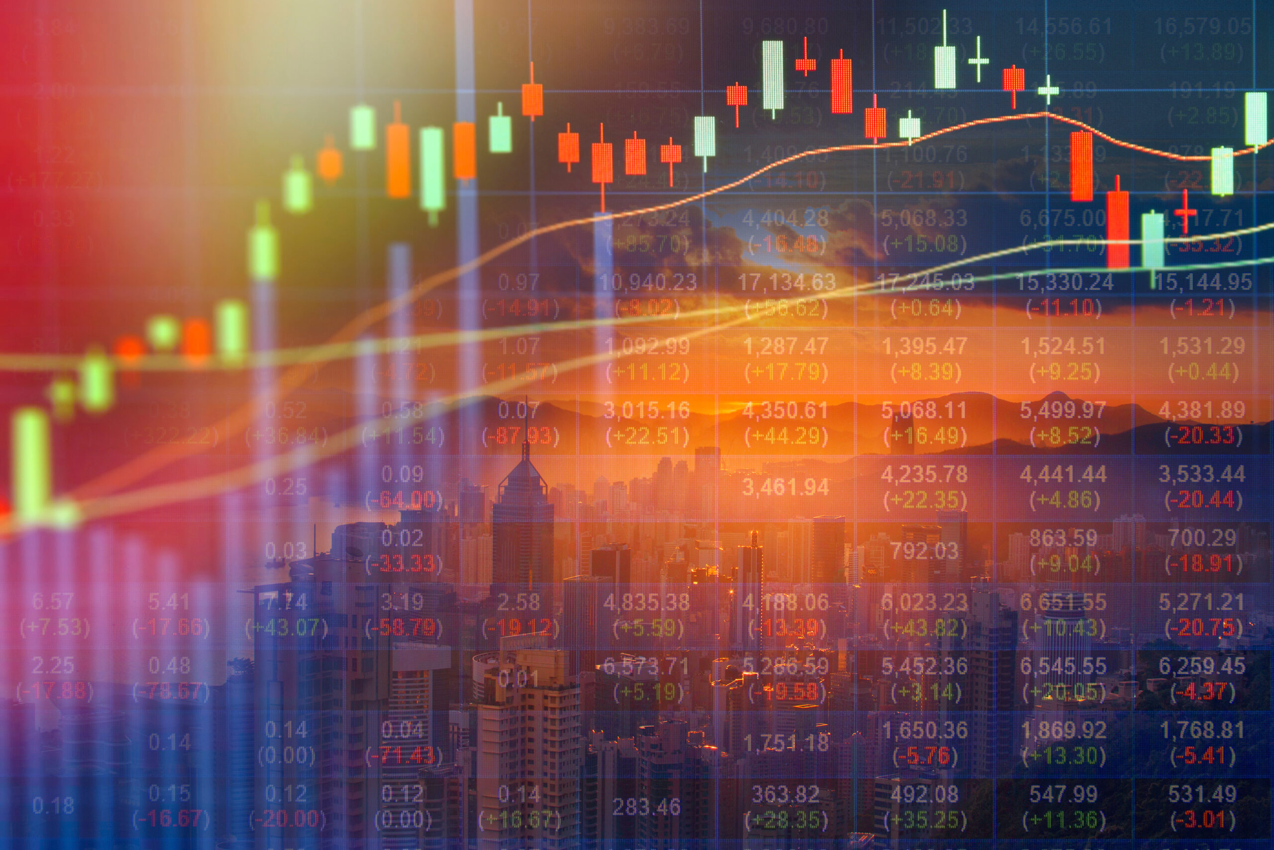 Candlestick stock chart and financial data overlaid on a city skyline with a sunset in the background, symbolizing global financial markets.
