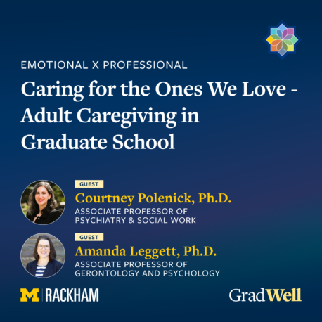 Promotional graphic for a GradWell event titled "Caring for the Ones We Love - Adult Caregiving in Graduate School" featuring guests Courtney Polenick, Ph.D., and Amanda Leggett, Ph.D.