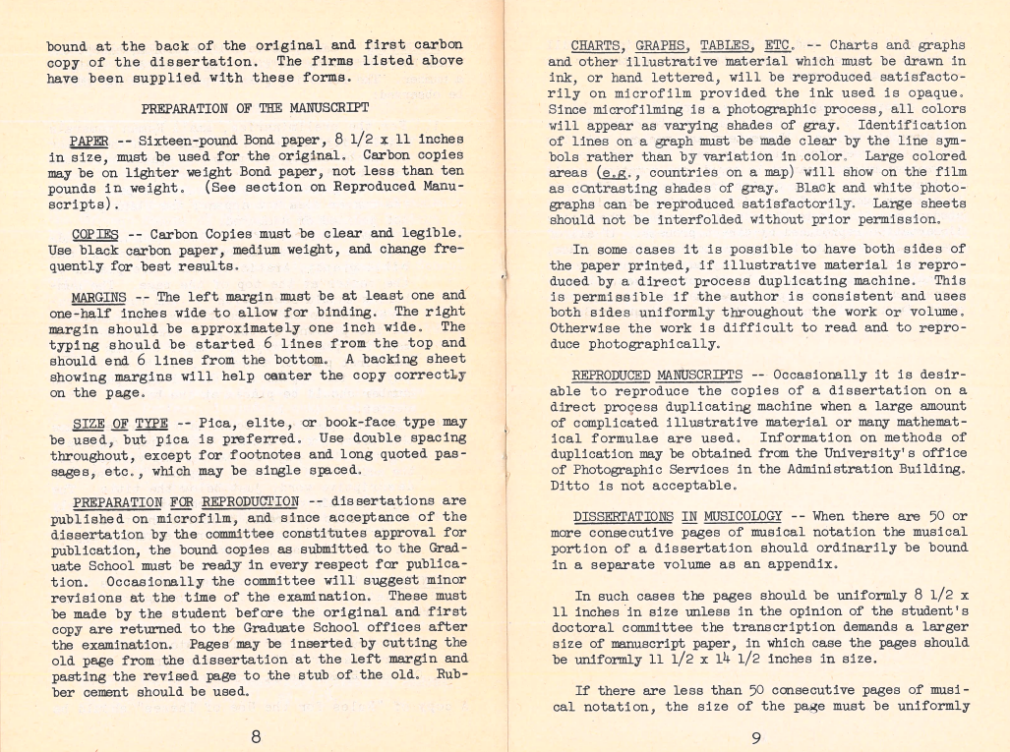 Two pages of a vintage instruction manual detail manuscript preparation, including paper types, typing, margins, spacing, charts, and use of rubber cement for mounting photographs.
