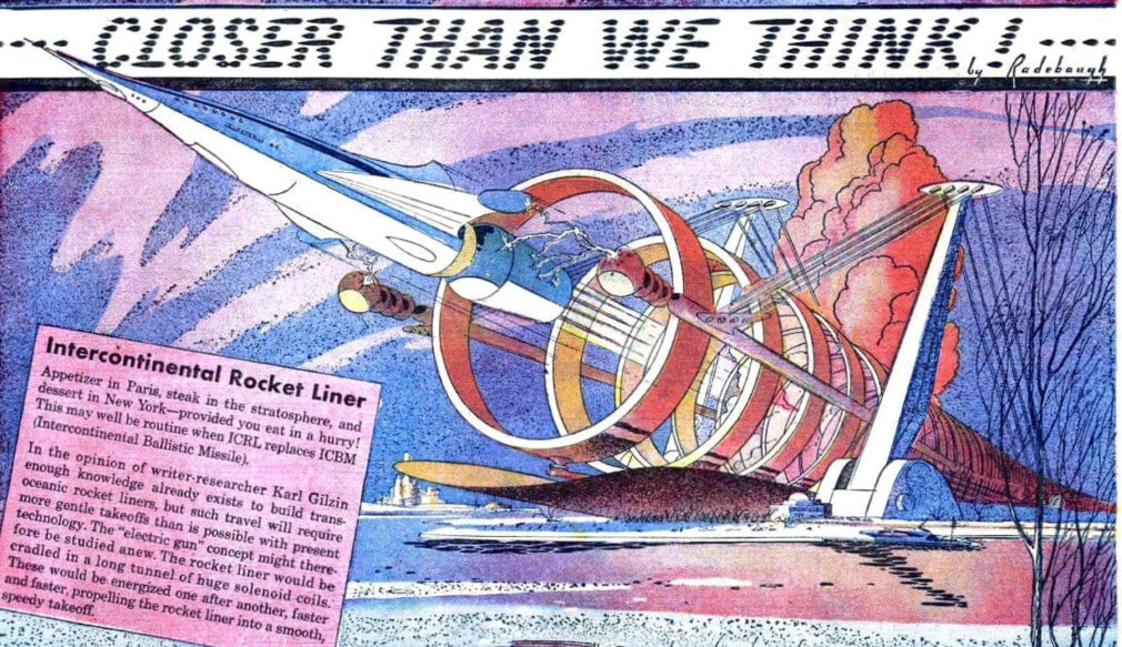 Illustration of a futuristic rocket liner launching from a complex with large circular structures, depicting the concept of intercontinental rocket travel.
