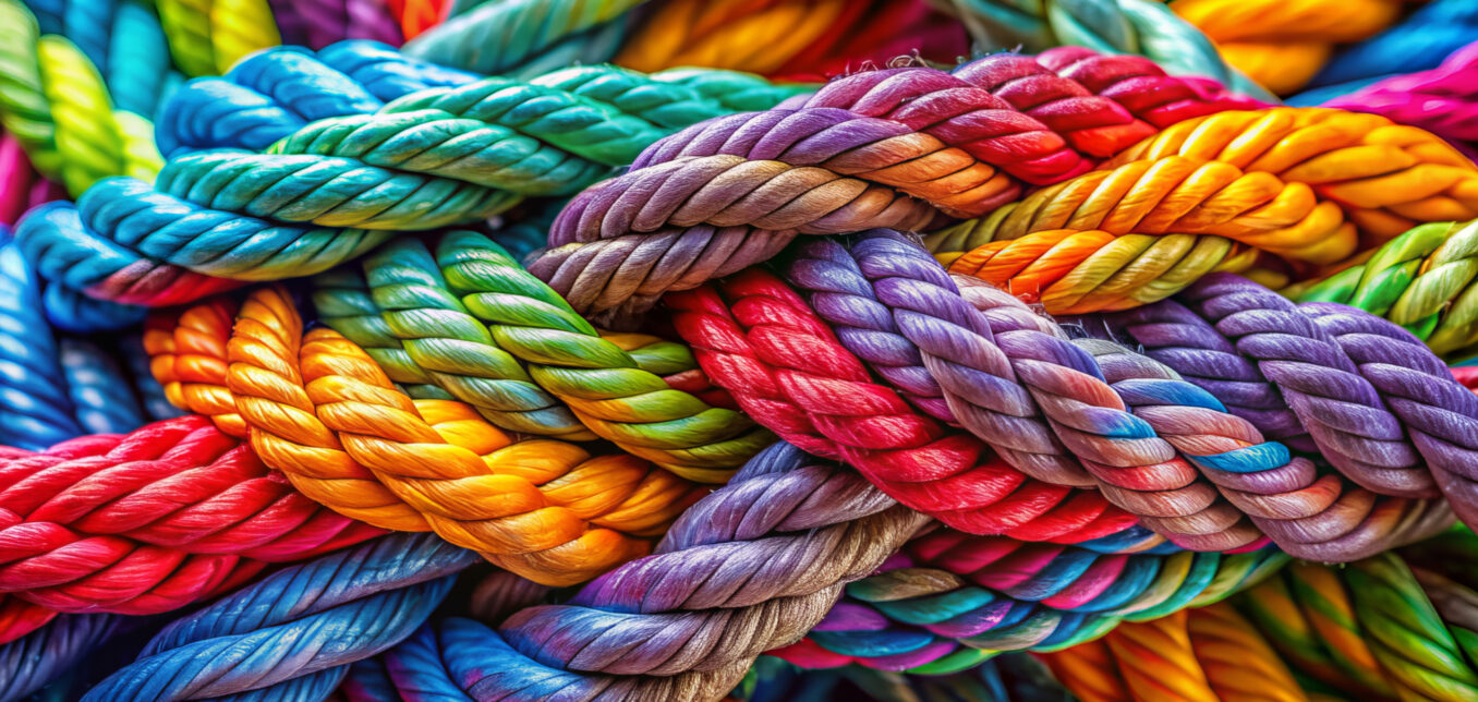 Multiple thick, colorful ropes are tightly intertwined, displaying a variety of bright shades including blue, red, yellow, green, purple, and orange.