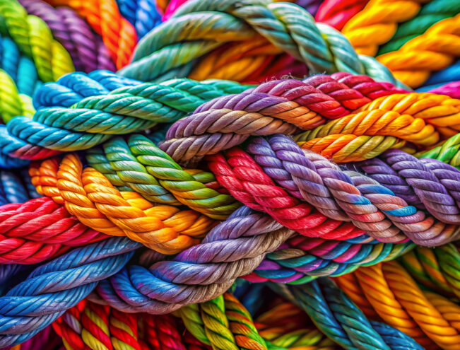Multiple thick, colorful ropes are tightly intertwined, displaying a variety of bright shades including blue, red, yellow, green, purple, and orange.
