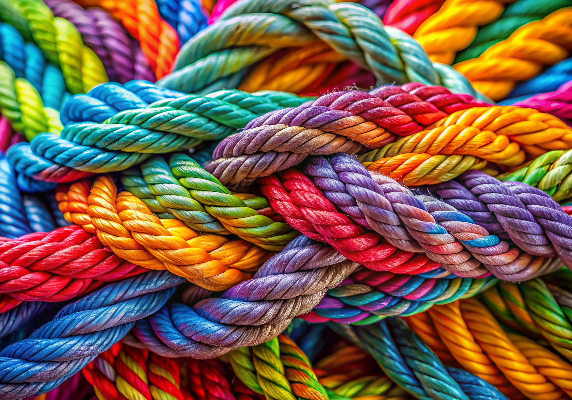 Multiple thick, colorful ropes are tightly intertwined, displaying a variety of bright shades including blue, red, yellow, green, purple, and orange.