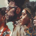 A diverse group of five Black individuals in profile, dressed in colorful, patterned clothing and headwear, against a light background.
