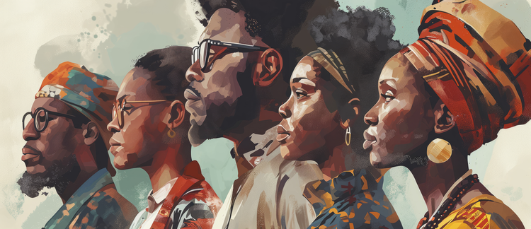 A diverse group of five Black individuals in profile, dressed in colorful, patterned clothing and headwear, against a light background.