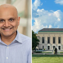 A man in a light blue shirt smiling in a portrait on the left; a large building with columns and a fountain in front under a blue sky on the right.