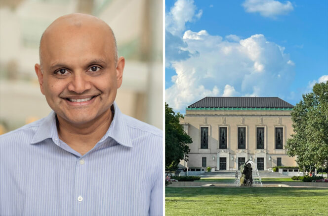 A man in a light blue shirt smiling in a portrait on the left; a large building with columns and a fountain in front under a blue sky on the right.