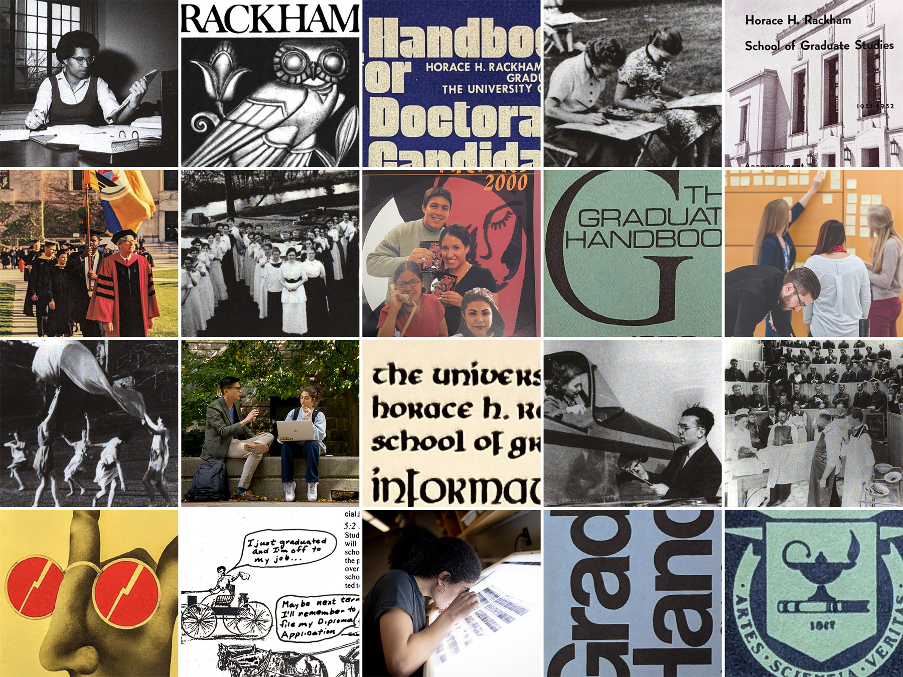 Collage of 20 images related to academic life, featuring students, graduation scenes, books, handwritten notes, and graduate school handbooks, arranged in a 4x5 grid format.