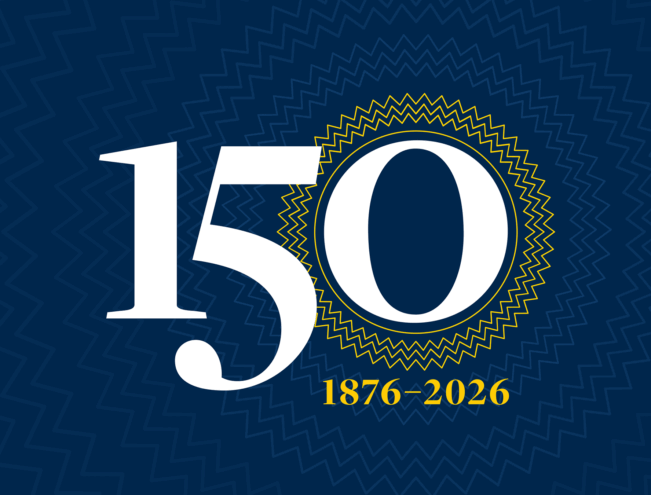 Large white "150" with gold "1876–2026" underneath, set against a dark blue background with a decorative circular pattern.